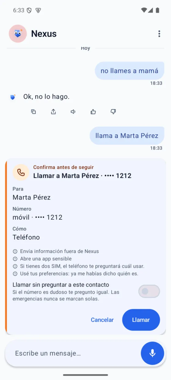 Nexus pidiendo confirmación antes de llamar a un contacto