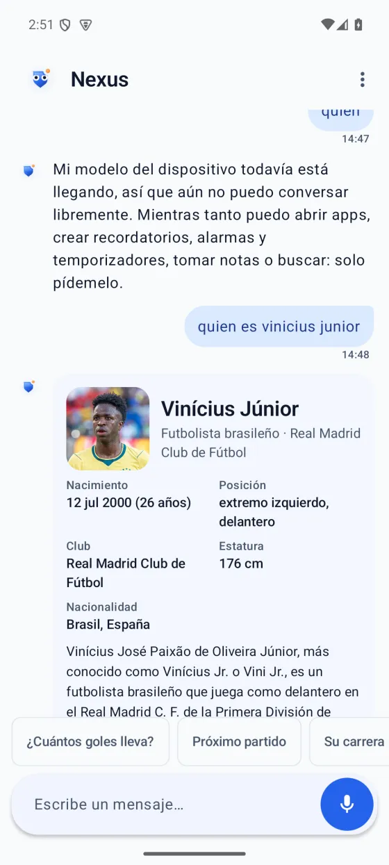 Tarjeta de conocimiento de Nexus con datos de una persona