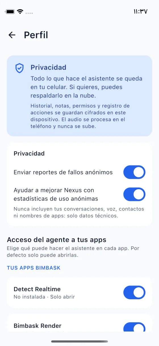 Perfil de Nexus con la privacidad y el acceso a tus apps