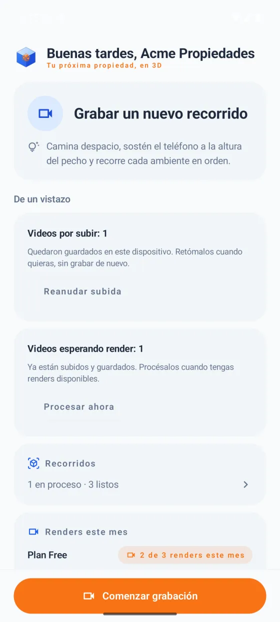 Inicio de la app de captura con el botón Grabar un nuevo recorrido