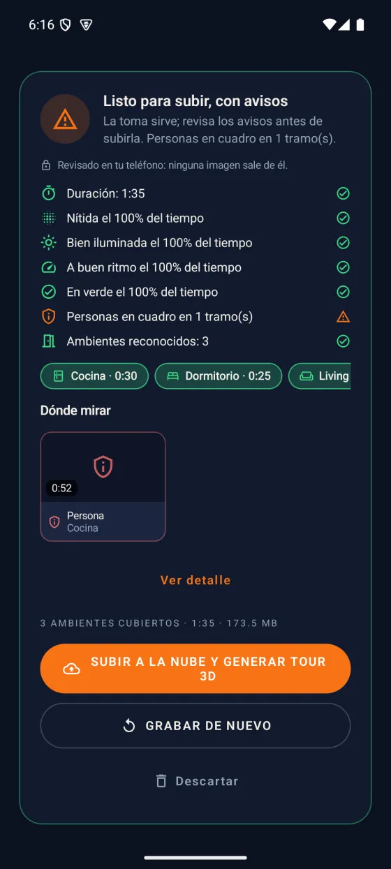Revisión de la toma en el teléfono: nitidez, luz y ambientes reconocidos