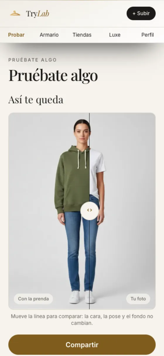 TryLab mostrando cómo te queda un buzo con un deslizador antes y después
